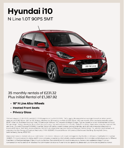 Red Hyundai i10 N Line car with text listing features and rental pricing.