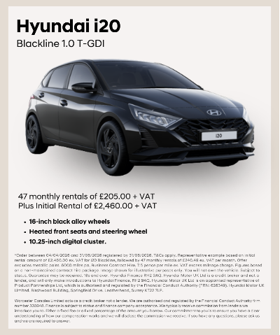 Hyundai i20 Blackline 1.0 T-GDI car with black alloy wheels and digital cluster display.