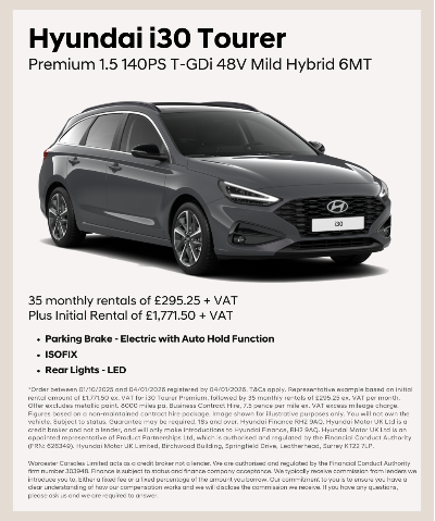 Hyundai i30 Tourer Premium car with rental pricing and features listed.