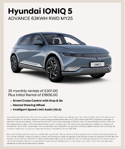 Hyundai IONIQ 5 car shown from the front and side with text details on leasing options.