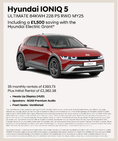 Red Hyundai IONIQ 5 car model on a promotional display with pricing details.