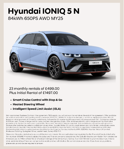 Blue Hyundai IONIQ 5 N car displayed with leasing information text.