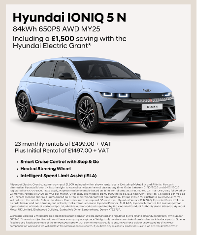Hyundai IONIQ 5 N, 84kWh 650PS AWD MY25, £1,500 grant saving, monthly rentals £499+VAT.