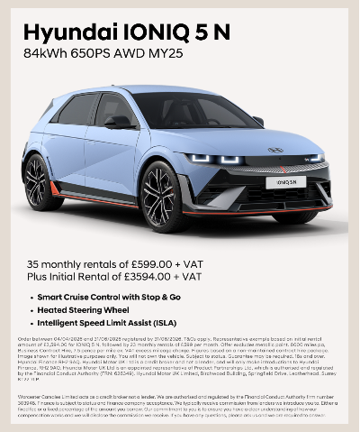 Hyundai IONIQ 5 N electric SUV in light blue with key features and leasing details.