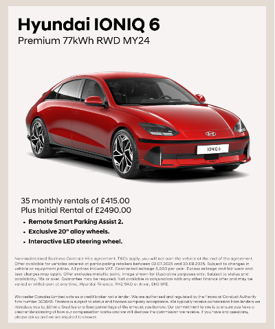 Red Hyundai IONIQ 6 Premium electric car with text listing rental details and features.