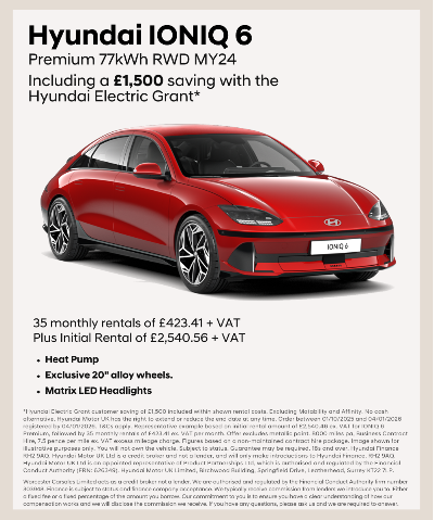 Red Hyundai IONIQ 6 with details on savings and rental options shown on the left.