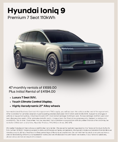 Hyundai Ioniq 9, Premium 7 Seat 110kWh SUV with rental details and vehicle features listed.