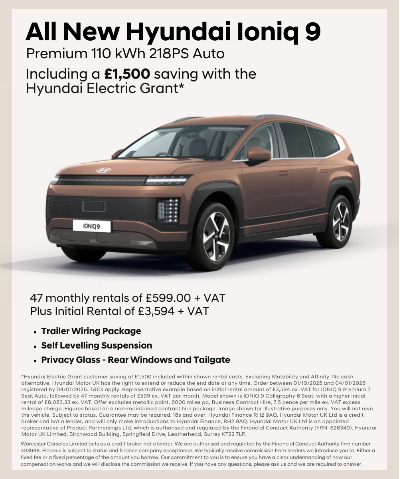 Hyundai Ioniq 9 electric SUV with leasing details and features highlighted in text.