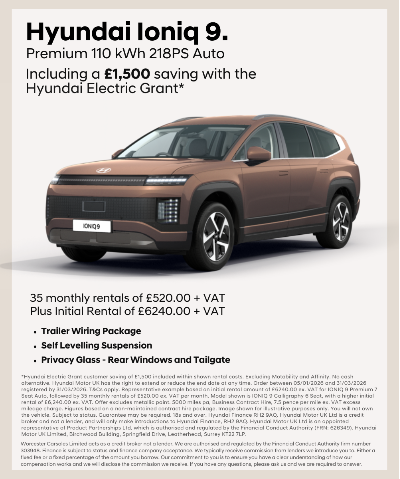 Brown Hyundai Ioniq 9 Premium electric car with promotional rental details displayed.