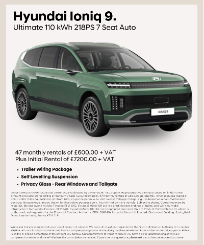 Hyundai Ioniq 9, green, with specifications and rental details displayed.