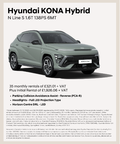 Hyundai KONA Hybrid N Line S 1.6T car with rental pricing and features listed.