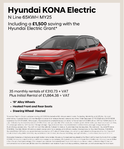 Red Hyundai KONA Electric N Line, features include heated seats and 19 alloy wheels.