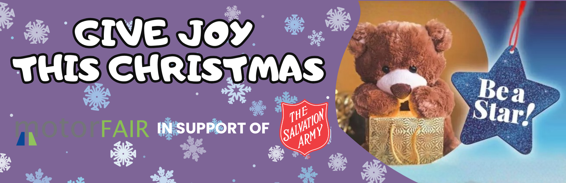 Christmas charity banner with teddy bear and star ornament.