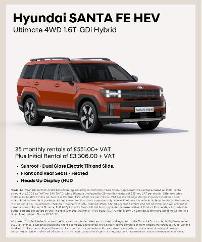 Orange Hyundai Santa Fe HEV 4WD hybrid with rental details and features listed.