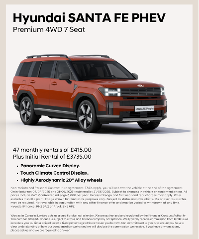 Red Hyundai SANTA FE PHEV, Premium 4WD 7 Seat, side view with text details.