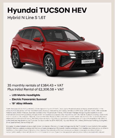 Red Hyundai Tucson HEV Hybrid N Line S 1.6T with text detailing rental information.
