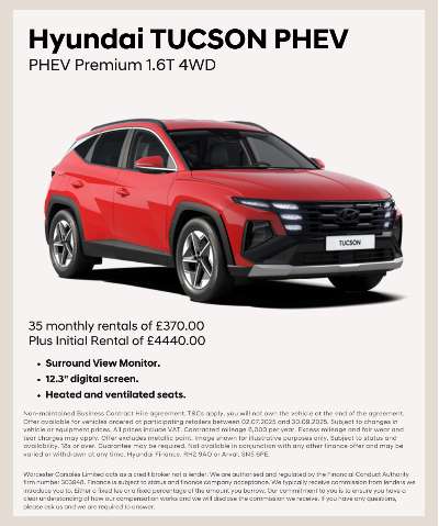Red Hyundai Tucson PHEV 1.6T 4WD displayed with rental pricing and feature list.
