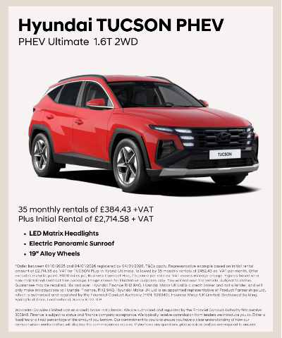 Red Hyundai TUCSON PHEV 1.6T 2WD with lease offer details on the side.